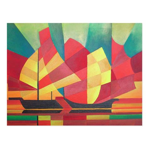 Cubist Abstract Of Junk Sails And Ocean Skies Postcard