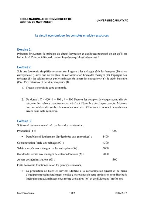 TD 3 Macro économie circuit économique Macroéconomie TD 2 2016 ECOLE