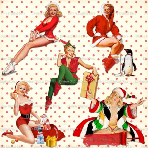 Christmas Pinup Girls Vintage Santa Presents Hat Holiday Etsy