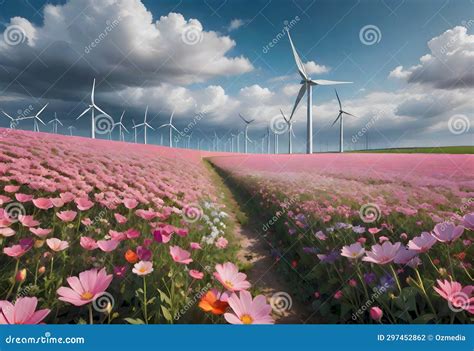 Serene Landscape With Wind Turbines Stock Illustration Illustration Of Generated Generative