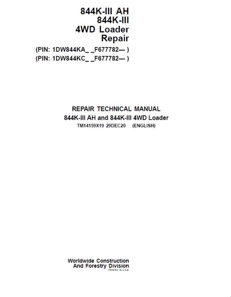 John Deere 844K III AH 844K III 4WD Loader Technical Manual S N After