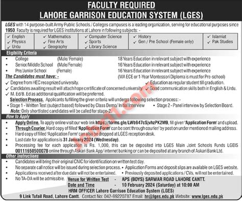 Lahore Garrison Education System Jobs 2024 For Teaching Staff All Subjects