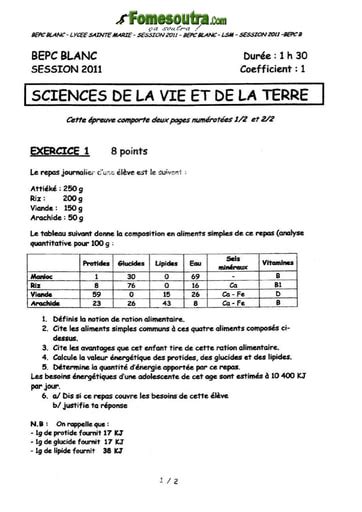 Sujet De Svt Bepc Blanc Lyc E Sainte Marie De Cocody