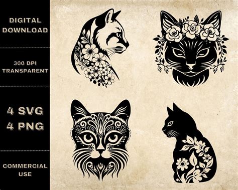 Floral Cat Svg Bundle Png Cat And Flowers Clipart Hand Etsy