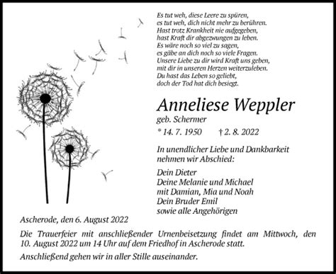 Traueranzeigen Von Anneliese Weppler Trauer Hna De