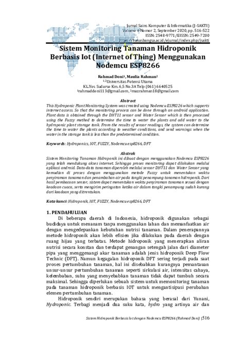 Pdf Sistem Monitoring Tanaman Hidroponik Berbasis Iot Internet Of Thing Menggunakan Nodemcu