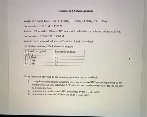 Solved Experiment Antacid Analysis Weight Of Antacid Chegg