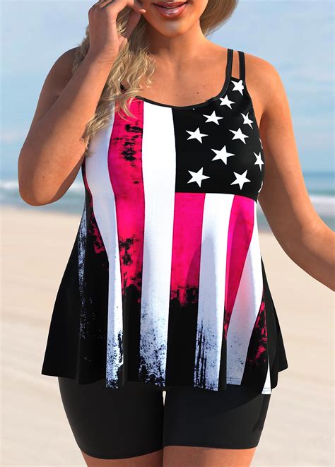 Rotita American Flag Print Plus Size Double Straps Tankini Top Rotita