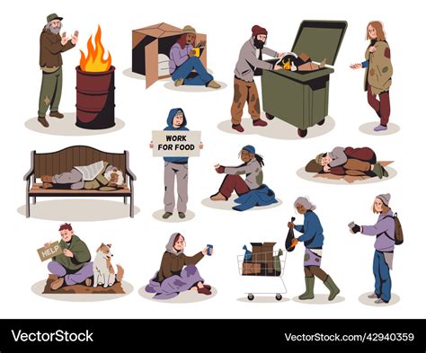 Poor People Homeless Male And Female Characters Vector Image