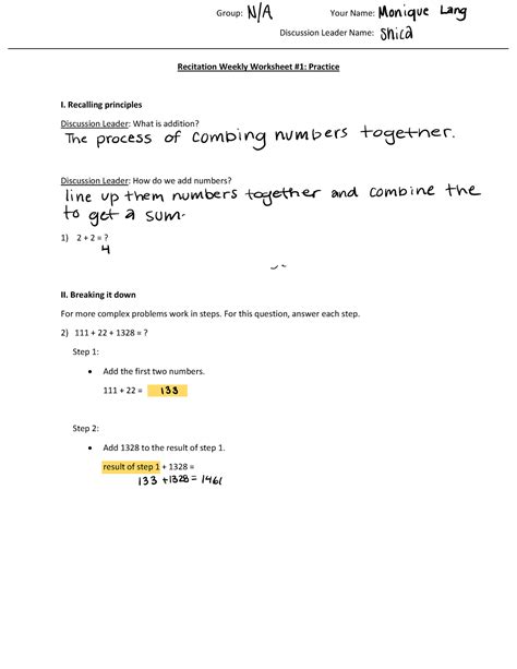 Recitation Worksheet 1 Spring Group Your Name Discussion Leader