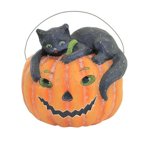 Halloween Black Cat With Pumpkin Bucket Paper Mache Jack O Lantern