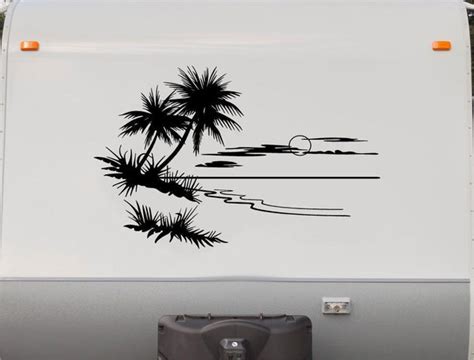 Rv Camper Vinyl Decal Sticker Ocean Palm Tree Beach Scene