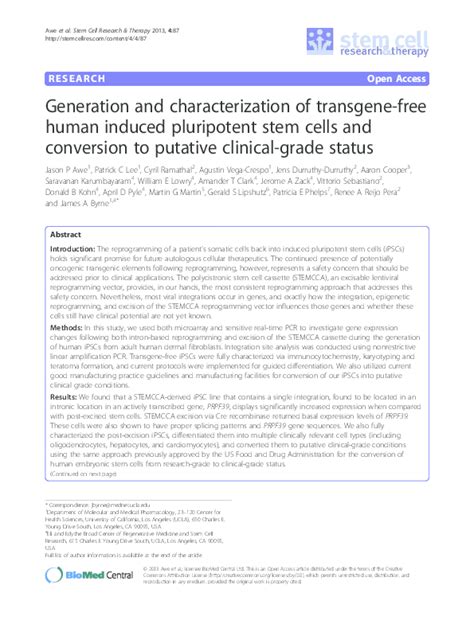 Pdf Generation And Characterization Of Transgene Free Human Induced