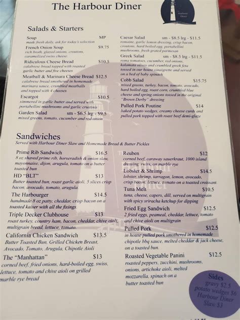 Menu at The Harbour Diner restaurant, Hamilton