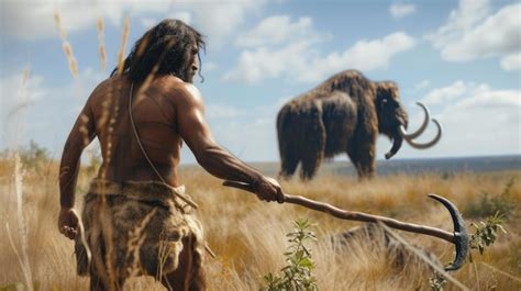 Premium Photo Neanderthal Man Hunts Woolly Mammoth Strong Primitive