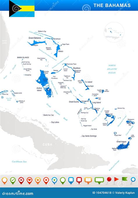 巴哈马 地图、旗子和航海象 详细的传染媒介例证 库存例证 插画 包括有 颜色 政府 国界的 地产 104704618