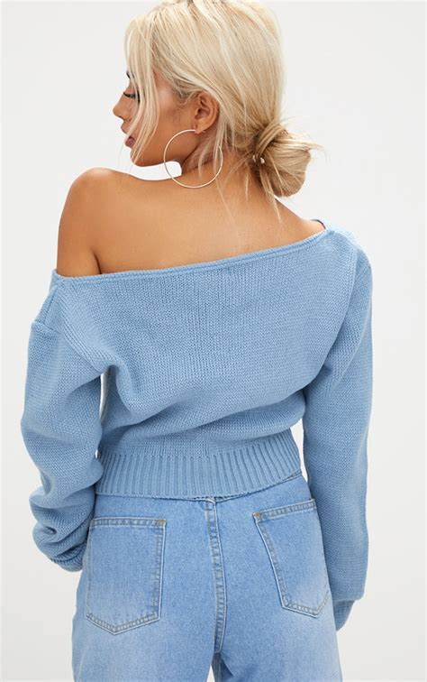 Adelaida Dusty Blue Off Shoulder Knitted Crop Sweater