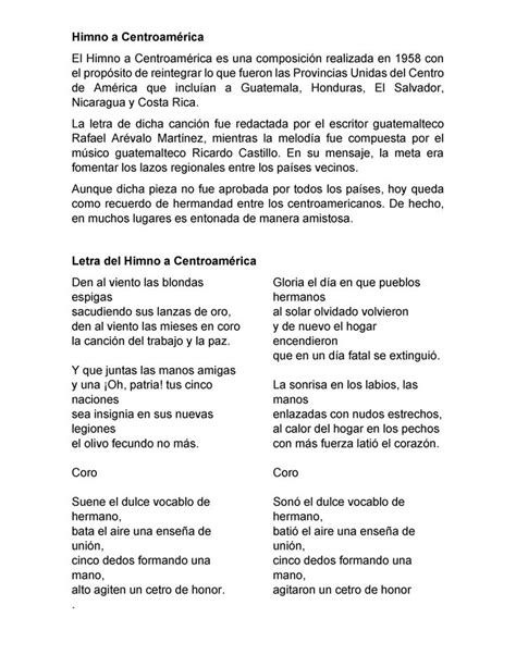 Himno a Centroamérica La letra de dicha canción fue redactada por el