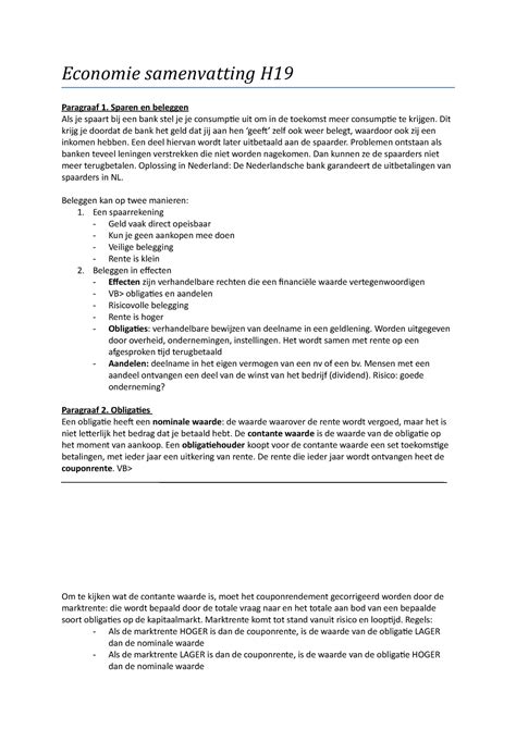 Economie Samenvatting H Economie Samenvatting H Paragraaf Sparen