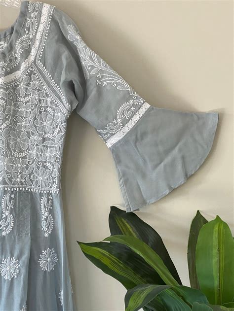 Lucknow Chikankari Gray Cotton Tunic Kurta Hand Embroidered Etsy