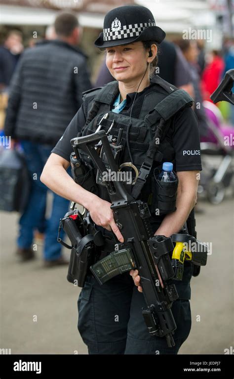 Armed Female Police Officer On Patrol At The Royal Highland Show Stock