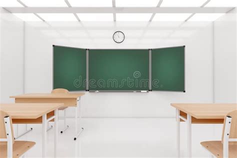 Empty Modern School Classroom With Chairs Desks And Chalkboard 3d