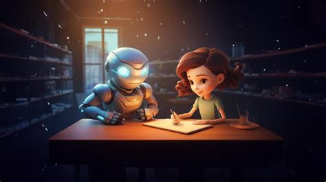 Le Robot Aide La Fille Faire Ses Devoirs Dans Un Style De Dessin