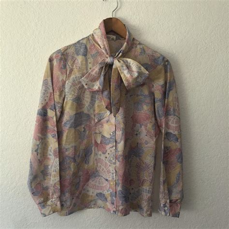 Vintage Late S Pussy Bow Button Up Pastel Pink And Depop