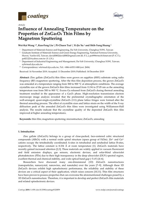 Pdf Influence Of Annealing Temperature On The Properties Of Znga2o4