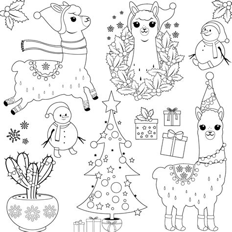 Cute llamas in Christmas costumes, Christmas tree, presents and other