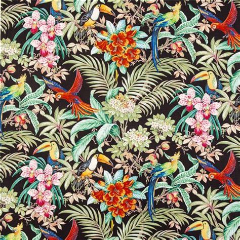 Tissu Noir Michael Miller Perroquets Feuilles Palmier Tropicaux