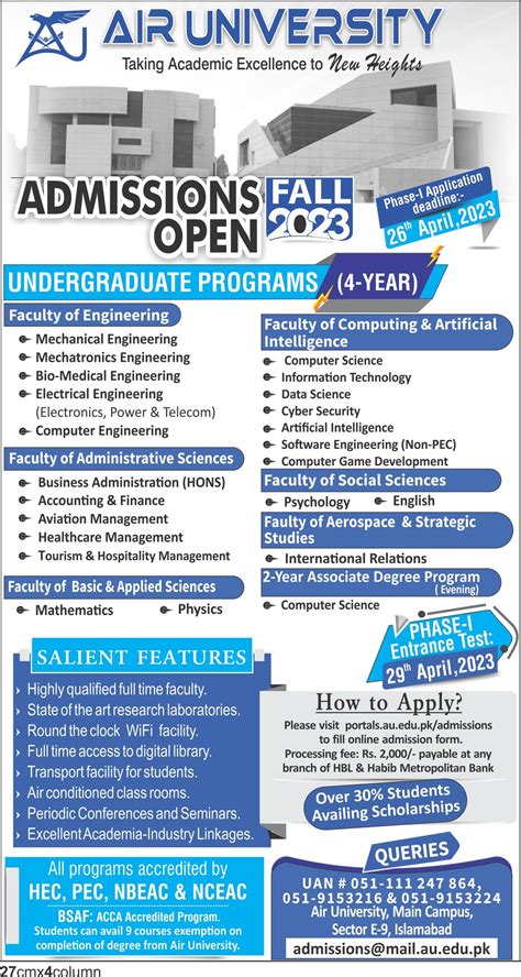 Admission Open Of Undergraduate Programs In Air University Islamabad