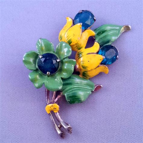 Colorful Vintage Green And Yellow Enameled Flower Brooch With Blue Rhinestone Accents Enamel