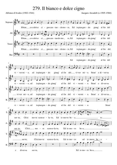 Il Bianco E Dolce Cigno Arcadelt Sheet Music For Soprano Alto Tenor