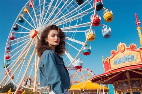 Premium Photo Fashionable Young Woman Posing In Front Of Ferris Wheel