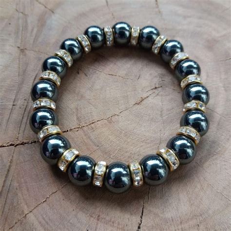 Bracelet En Pierres Naturelles HEMATITE Et Perles Strass Floriane