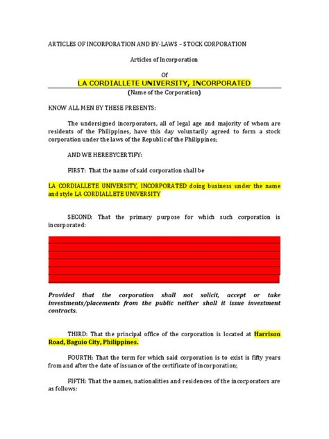 Articles Of Incorporation By Laws And Treasurers Affidavit For Stock Corporation Pdf Proxy