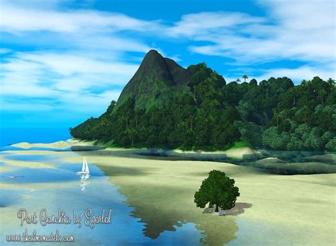 an island with a sailboat in the water and some trees on land next to it