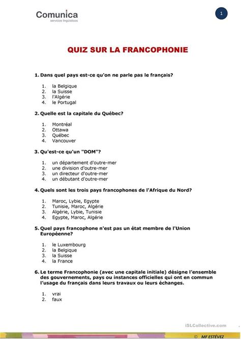 LA FRANCOPHONIE QUIZ Français Fle Fiches Pedagogiques Quiz Quiz