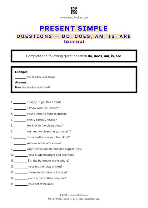 Present Simple — Questions With Do Does Am Is Are — Exercise 2