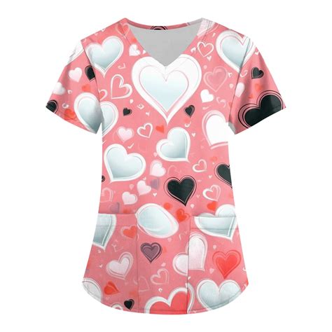 Bdporkas Valentines Day Scrubs Heart Print Scrub Tops Women Stretchy