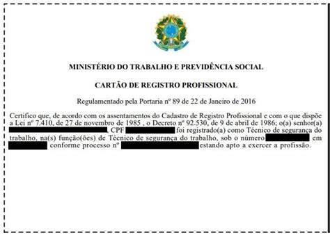 Imprimir Cartão De Registro Profissional Técnico Segurança Do Trabalho