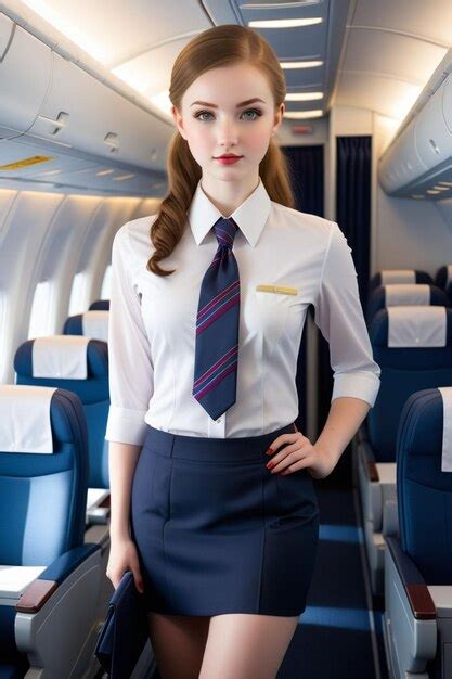 A Beautiful Woman In Flight Attendant Uniform With Shirt And Tie Is