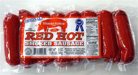 Country Pleasin Brand Red Hot Smoked Sausage 1 25 Lb Vacuum Sealed Plastic Container Material