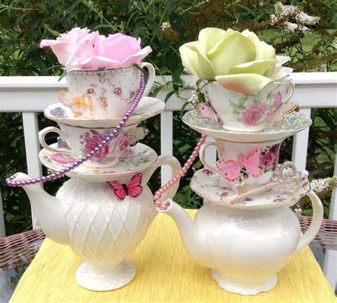 Pair Of Two Teapot And Teacup Centerpieces Pearls Key Butterflies Rose 1 Alice In Wonderla