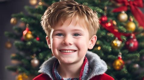 Premium Ai Image Portrait Of A Happy Smiling Boy Near A Christmas