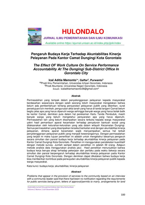 Pdf Pengaruh Budaya Kerja Terhadap Akuntabilitas Kinerja Pelayanan