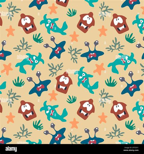 Seamless Pattern With Cute Color Monsters Stock Vector Image And Art Alamy