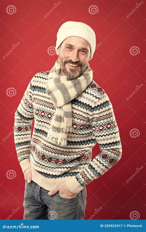 Sincere Smile Handsome Bearded Man Wearing Hat And Scarf Winter