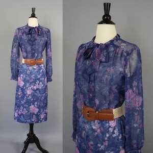 Vintage S Sheer Blue Floral Secretary Dress With Pussy Bow Ascot S Work Office Slim